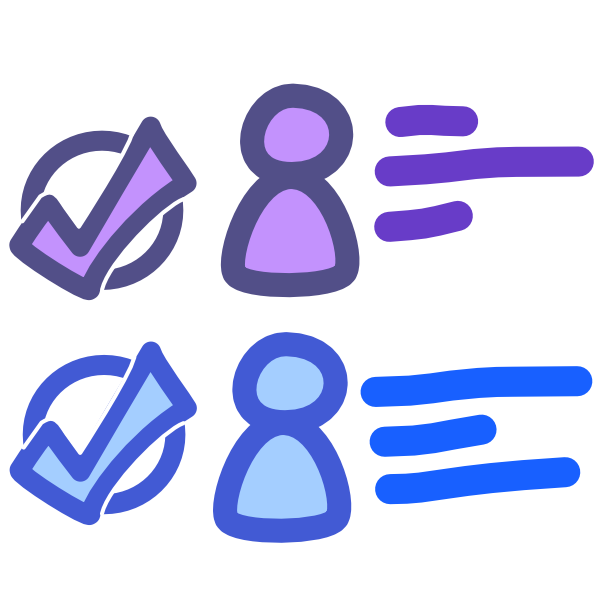 An image with dark line art shows two rows of elements, the first row is purple, the second blue. Each row has a white circle with a checkmark on it, a figure, and a set of 3 lines.